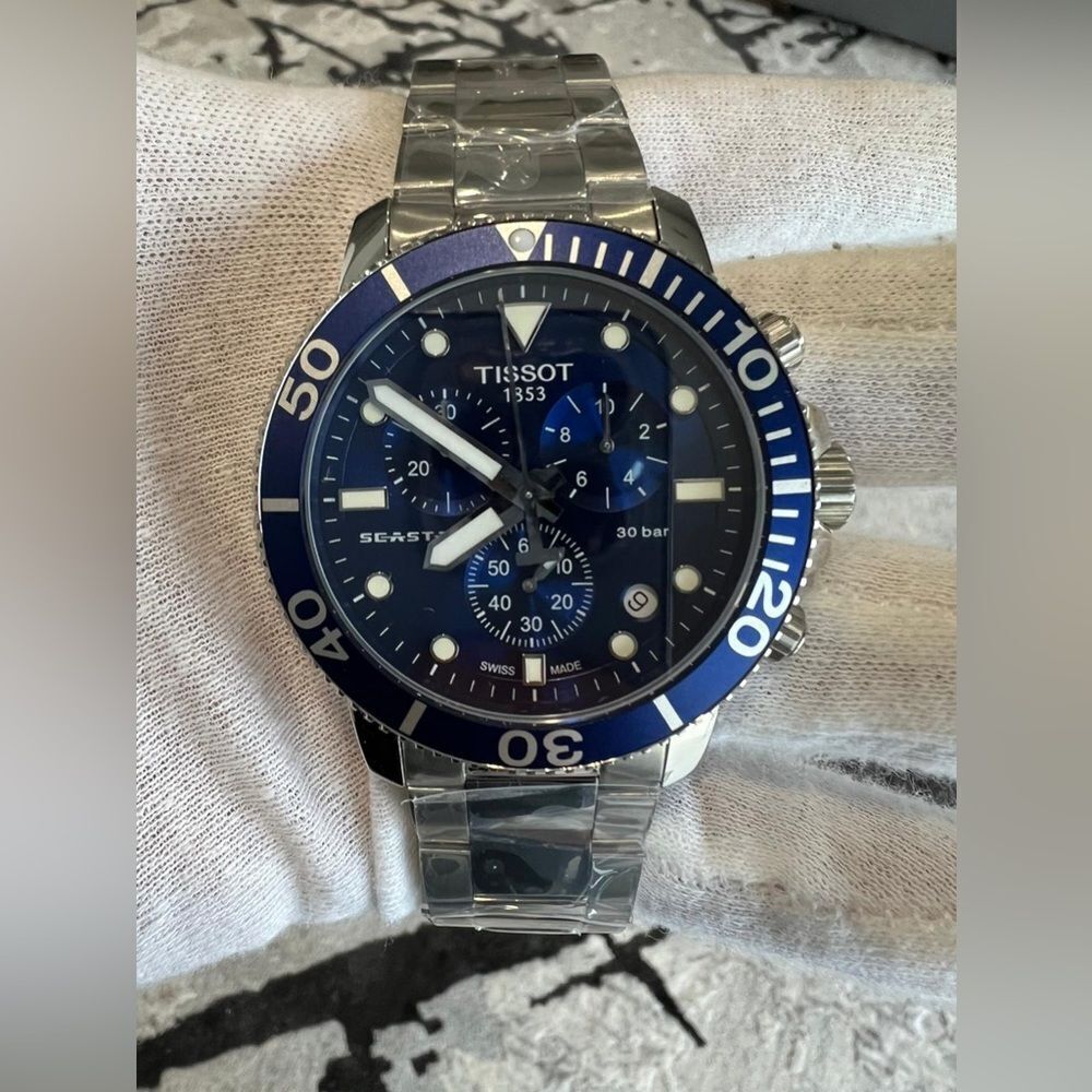 Tissot Silver and Blue Chronograph Watch with Stainless Steel Band